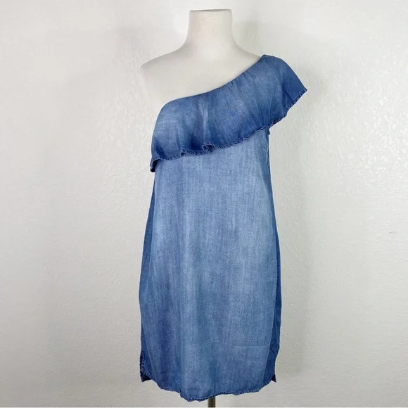 Anthropologie Cloth & Stone Chambray Ruffle One Shoulder Dress - Picture 1 of 9